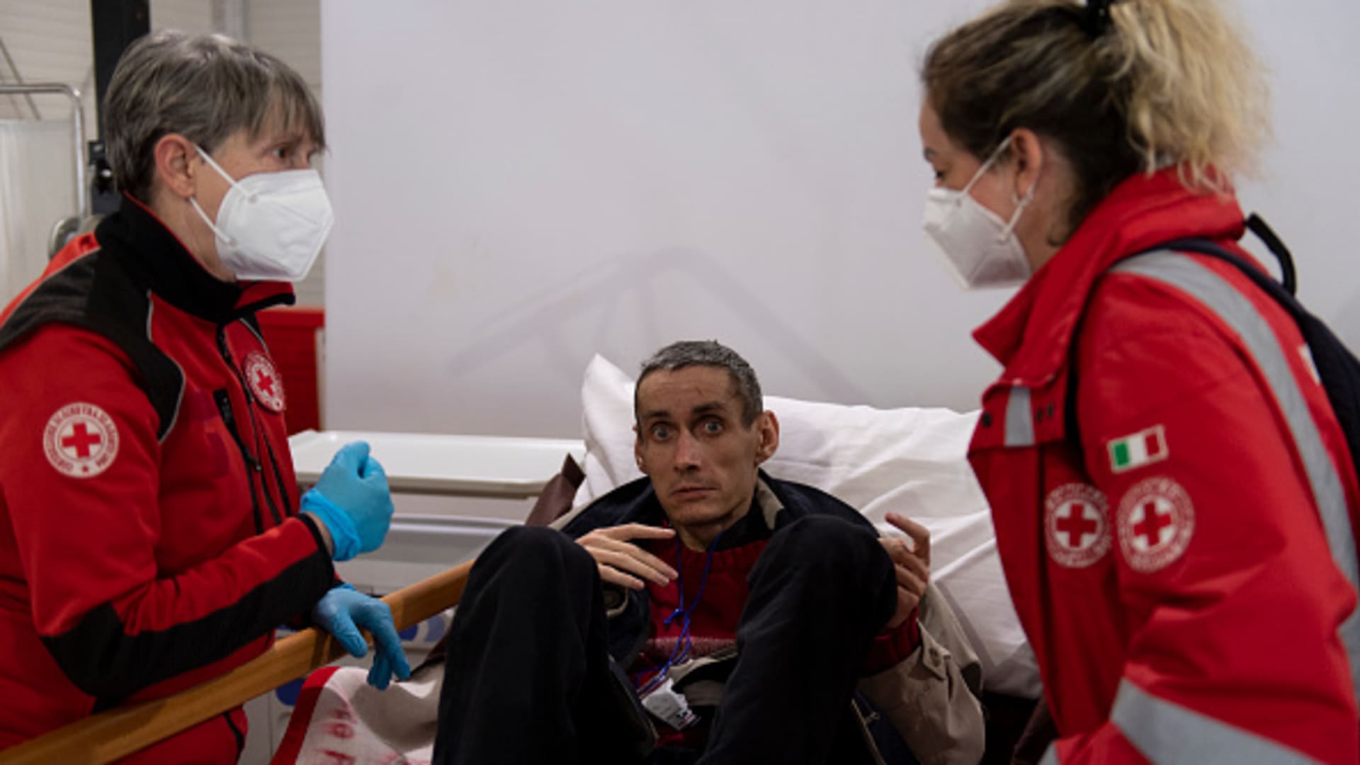 Ukrainian refugee looked after by Red Cross volunteers inside the Red Cross Headquarters on April 7, 2022 in Settimo Torinese near Turin, Italy. 