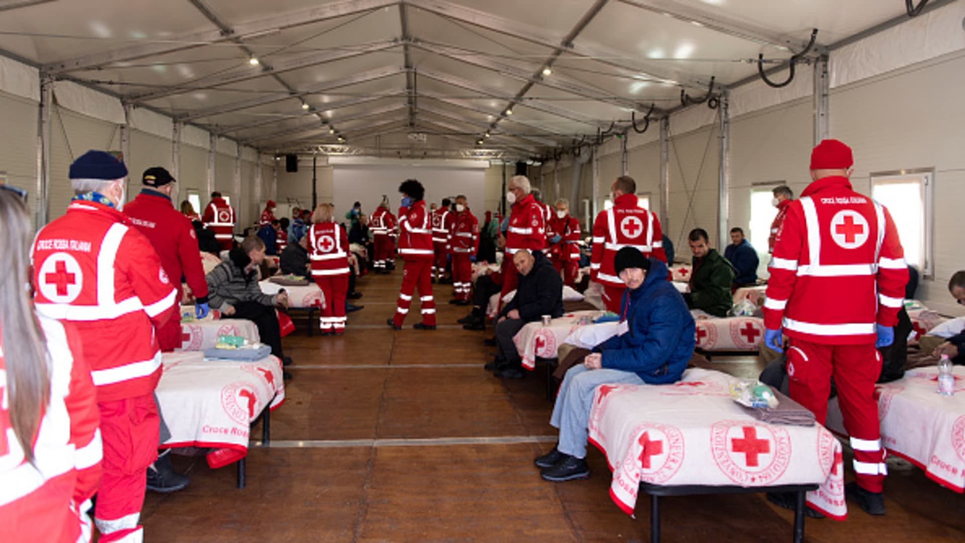 General view of Ukrainian refugees looked after by Red Cross volunteers inside the Red Cross Headquarters on April 7, 2022 in Settimo Torinese near Turin, Italy. 