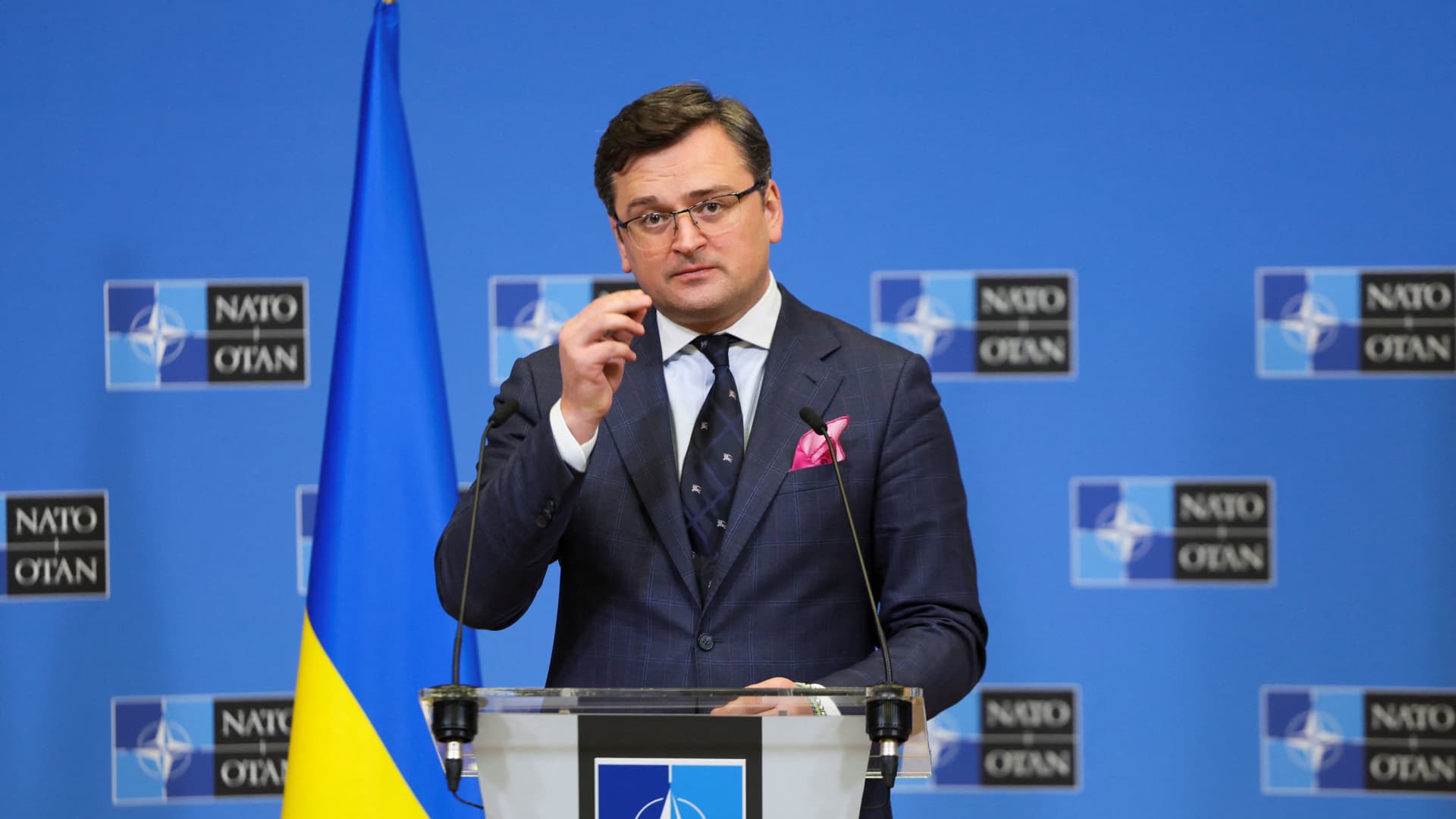 Ukrainian Foreign Minister Dmytro Kuleba speaks during a news conference, amid Russia's invasion of Ukraine, at NATO headquarters in Brussels, Belgium April 7, 2022. 