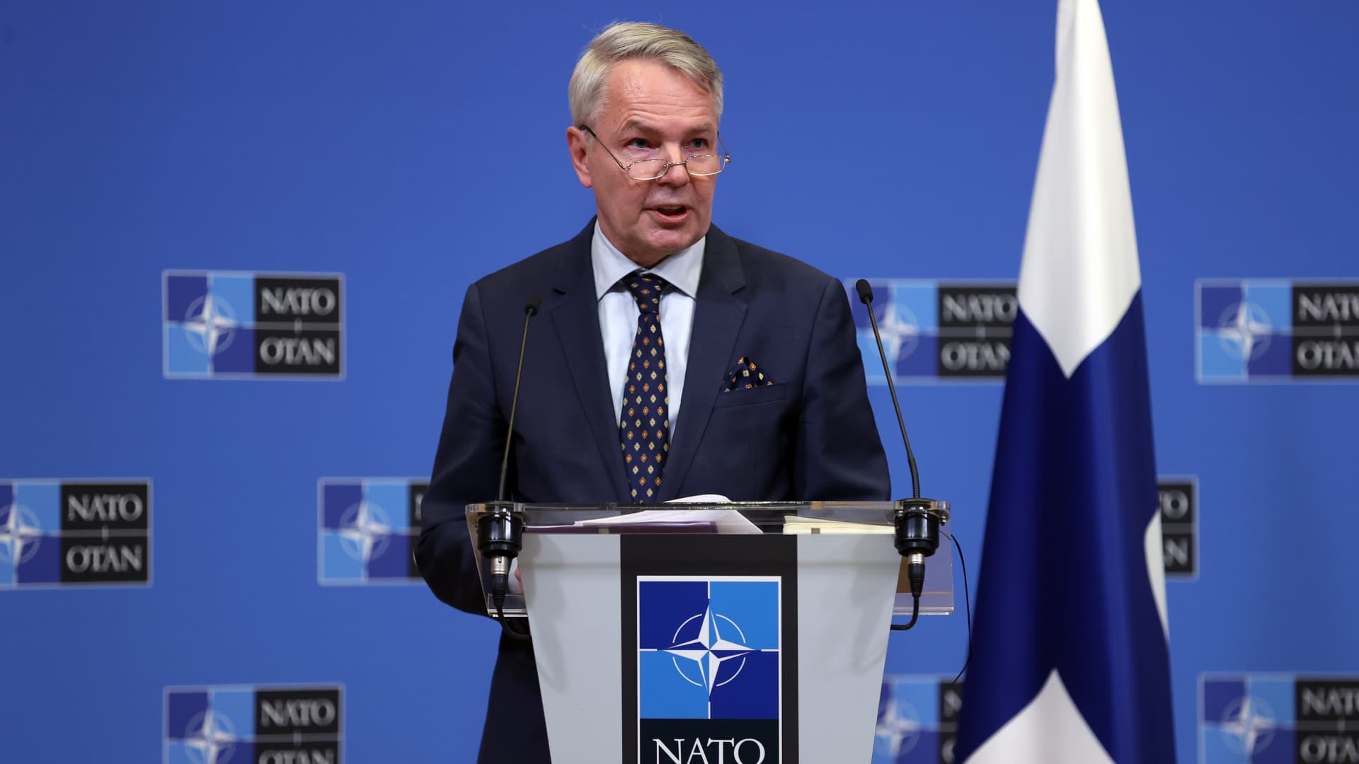NATO Secretary General Jens Stoltenberg, Swedish Foreign Minister Ann Linde and Finnish Foreign Minister Pekka Haavisto hold a joint press conference after their meeting at NATO headquarters in Brussels, Belgium on January 24, 2022.