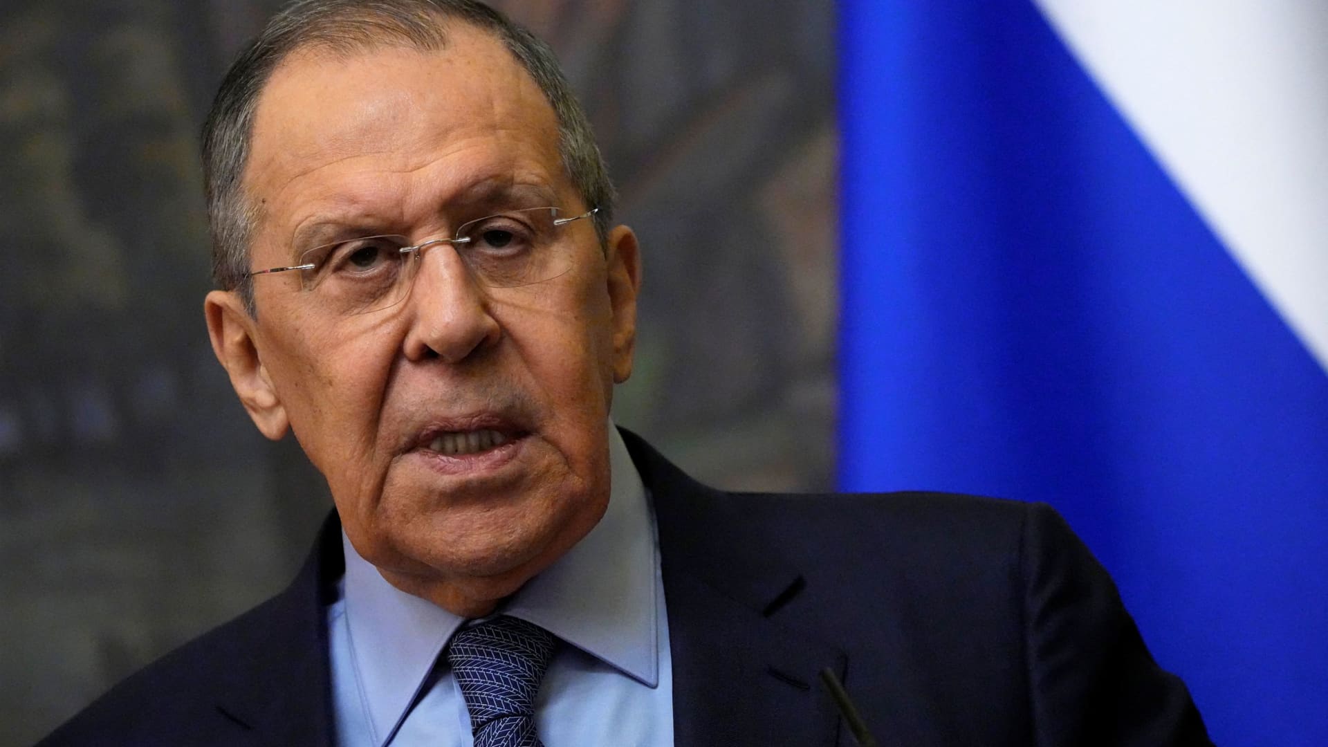 Russian Foreign Minister Sergei Lavrov speaks during a news conference after his talks with Bahrain's Foreign Minister Abdullatif al-Zayani in Moscow, Russia, April 7, 2022. 