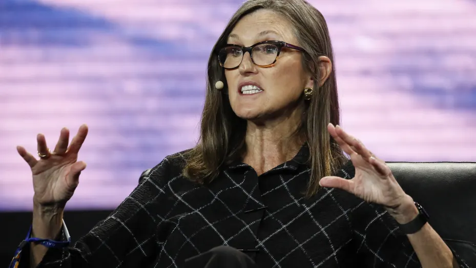 Cathie Wood, chief executive officer and chief investment officer, Ark Invest, gestures as she speaks during the Bitcoin 2022 Conference at Miami Beach Convention Center on April 7, 2022 in Miami, Florida.