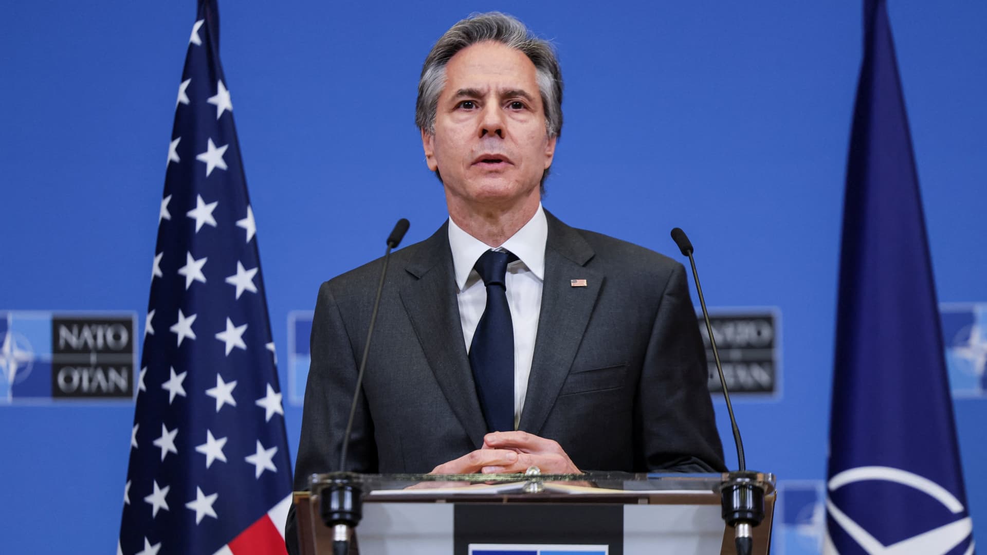 U.S. Secretary of State Antony Blinken speaks to the media after a NATO foreign ministers meeting, amid Russia's invasion of Ukraine, at NATO headquarters in Brussels, Belgium April 7, 2022.