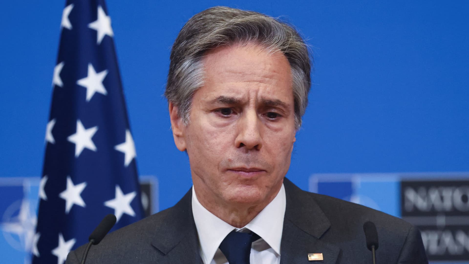 U.S. Secretary of State Antony Blinken looks on while speaking to the media after a NATO foreign ministers meeting, amid Russia's invasion of Ukraine, at NATO headquarters in Brussels, Belgium April 7, 2022.
