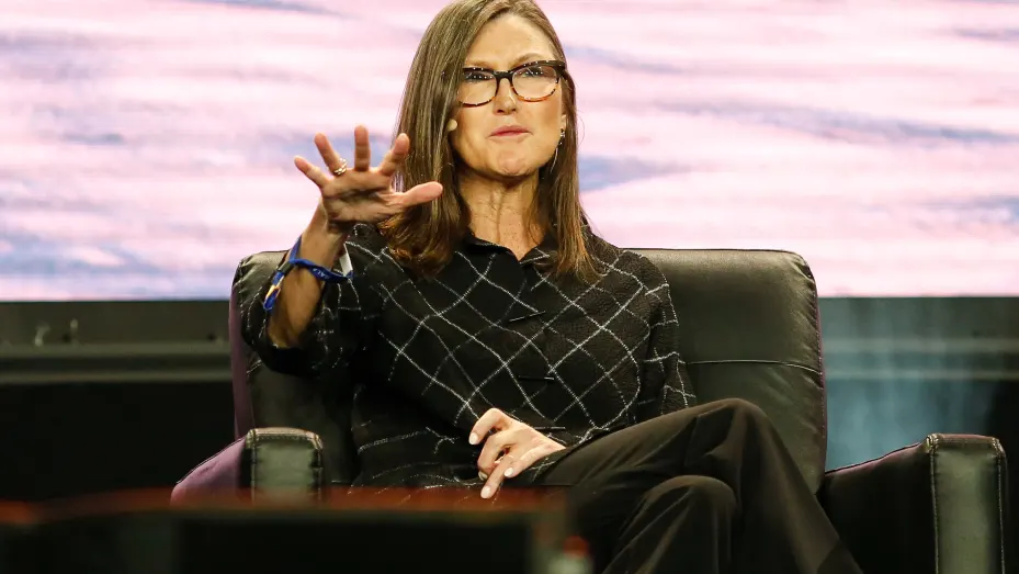 Cathie Wood, chief executive officer and chief investment officer, Ark Invest, gestures as she speaks during the Bitcoin 2022 Conference at Miami Beach Convention Center on April 7, 2022 in Miami, Florida.