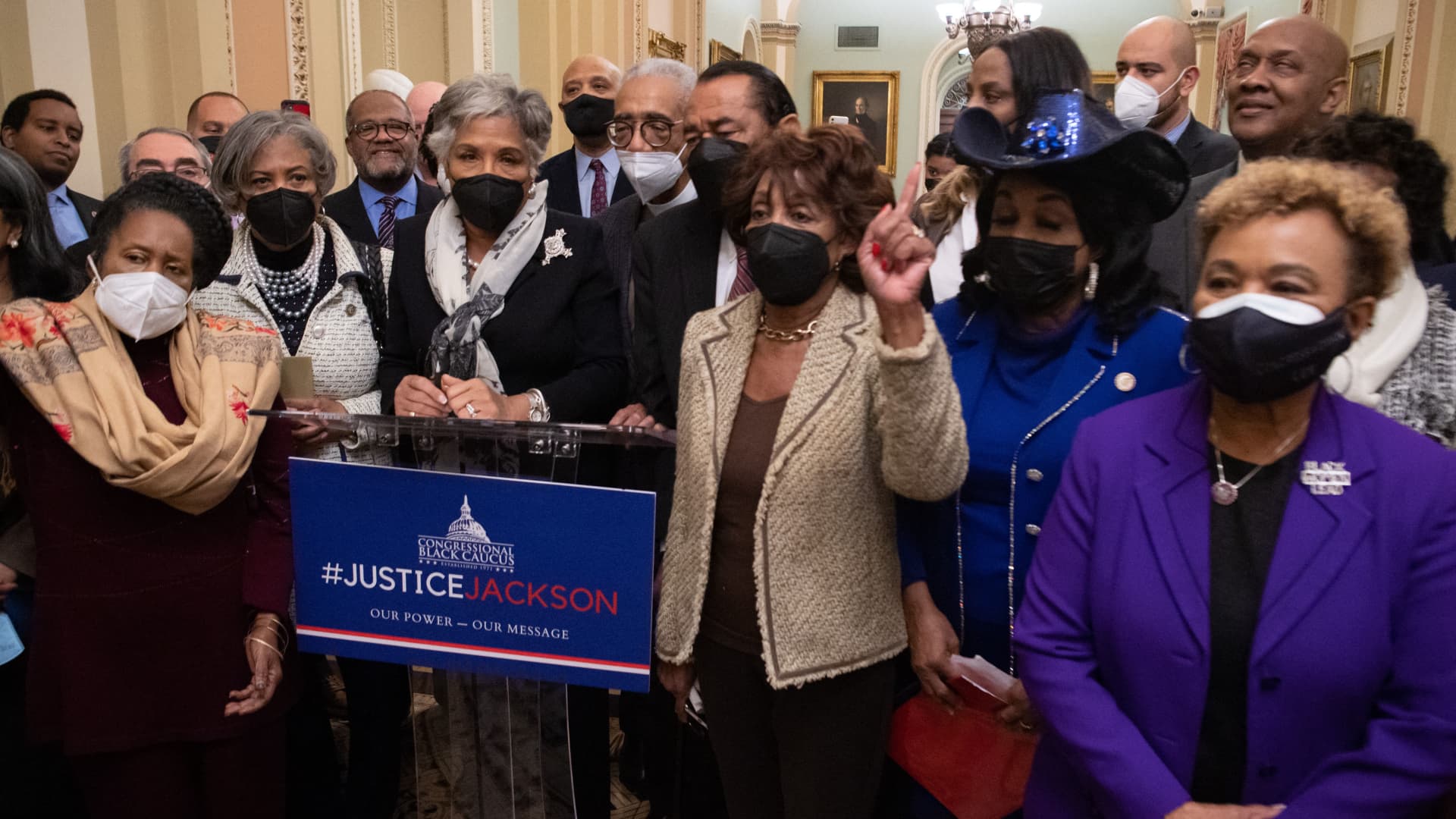 Members of the House Congressional Black Caucus speak after the successful confirmation of Judge Ketanji Brown Jackson as the first Black woman ever to serve on the Supreme Court, at the US Capitol in Washington, DC, April 7, 2022.