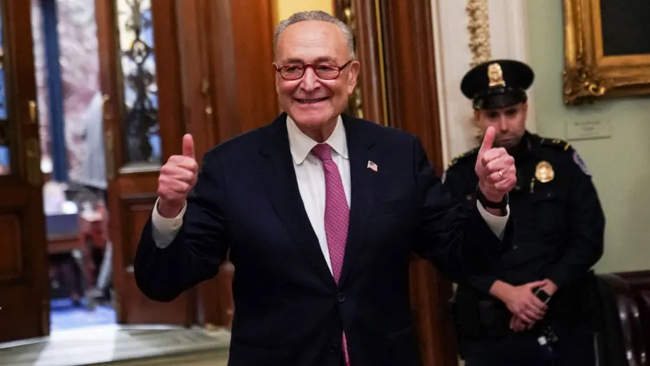 U.S. Senate Majority Leader Chuck Schumer (D-NY) speaks to the press shortly after the Senate confirms Judge Ketanji Brown Jackson to the Supreme Court on Capitol Hill in Washington, U.S., April 7, 2022.