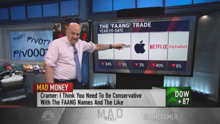 Be conservative with FAANG stocks as anticipated Fed rate hikes spurn a market pivot, Jim Cramer says