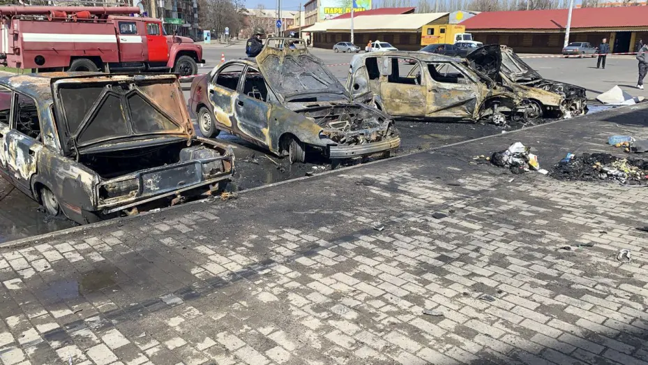 Burnt out vehicles are seen after a rocket attack on the railway station in the eastern city of Kramatorsk.