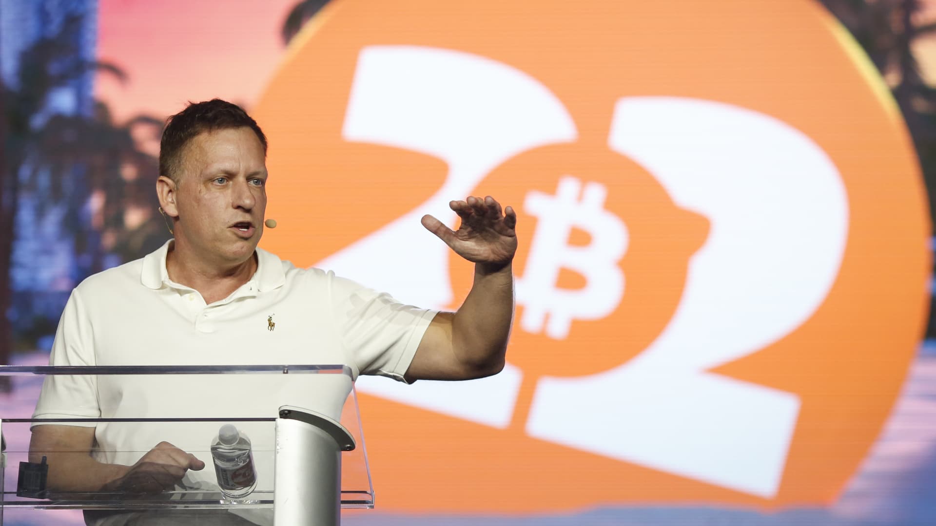 Peter Thiel, co-founder of PayPal, Palantir Technologies, and Founders Fund, gestures as he speaks during the Bitcoin 2022 Conference at Miami Beach Convention Center on April 7, 2022 in Miami, Florida.