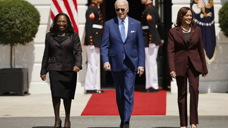 U.S. President Joe Biden and Vice President Kamala Harris (R) host Judge Ketanji Brown Jackson (L) for an event celebrating her confirmation to the U.S. Supreme Court on the South Lawn of the White House on April 08, 2022 in Washington, DC.