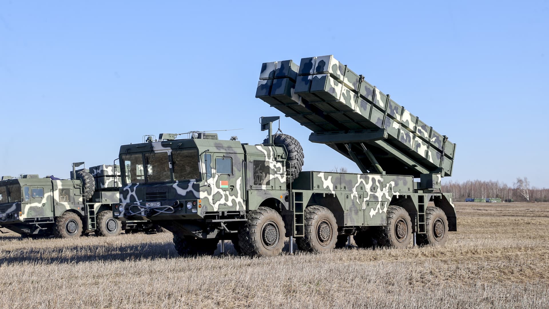 OTR-21 Tochka tactical ballistic missile fired during the Allied Determination-2022 military drill of Russian and Belarusian armed forces in Gomel, Belarus on February 15, 2022.