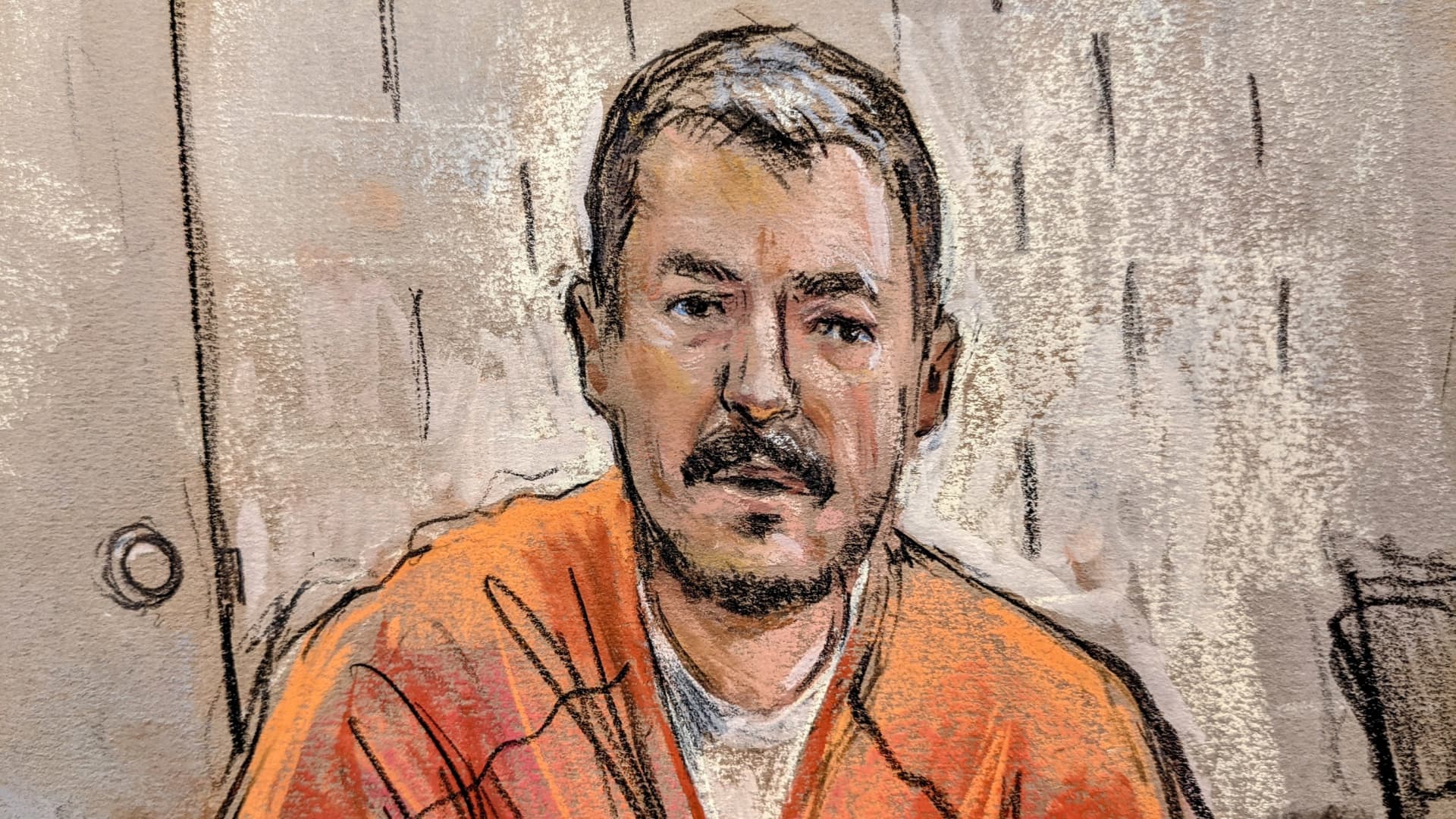 Arian Taherzadeh, sketch from detention hearing for the two men charged with impersonating DHS agents.