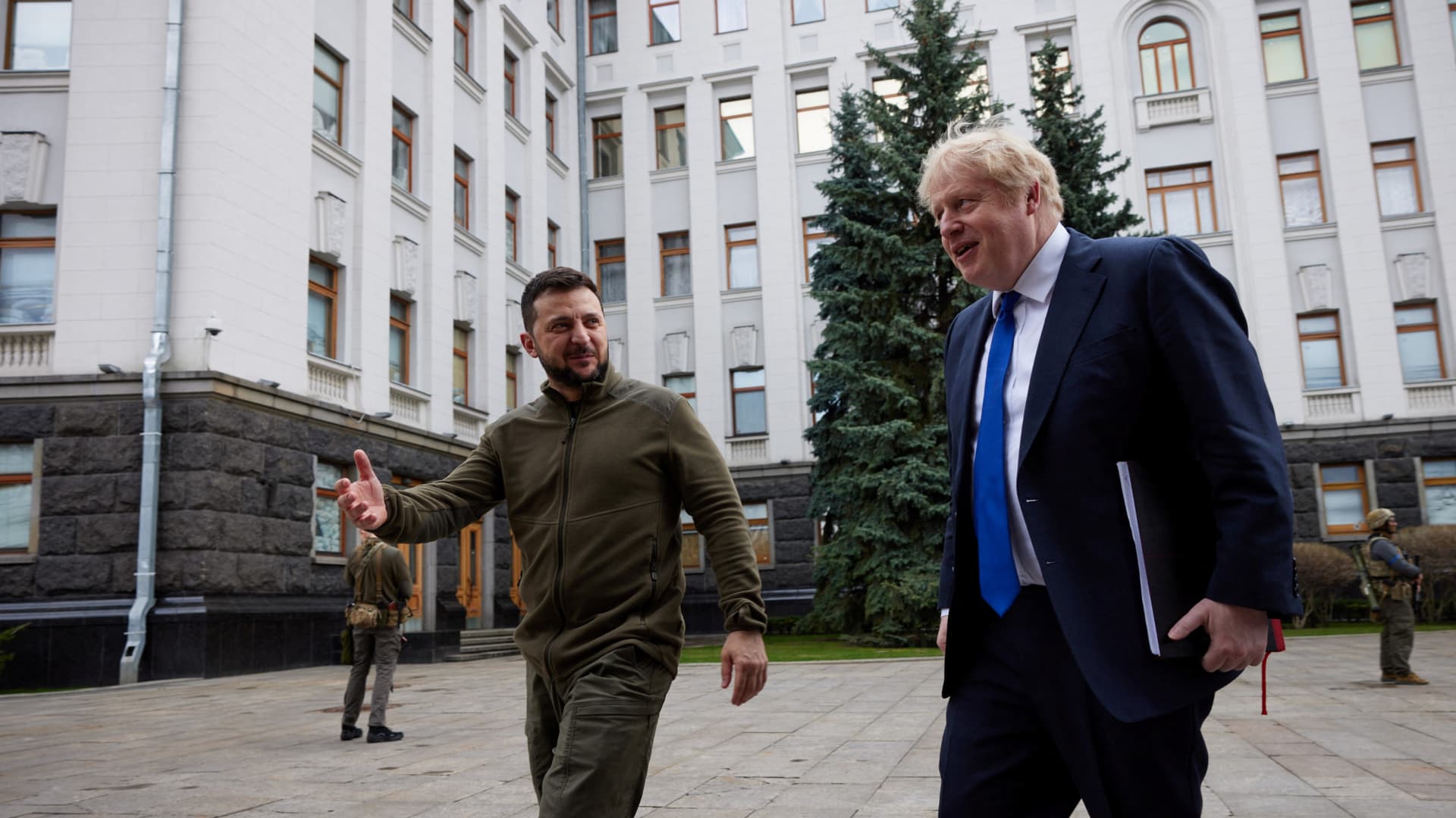 Ukraine's President Volodymyr Zelenskiy welcomes British Prime Minister Boris Johnson before a meeting, as Russia's attack on Ukraine continues, in Kyiv, Ukraine April 9, 2022. 