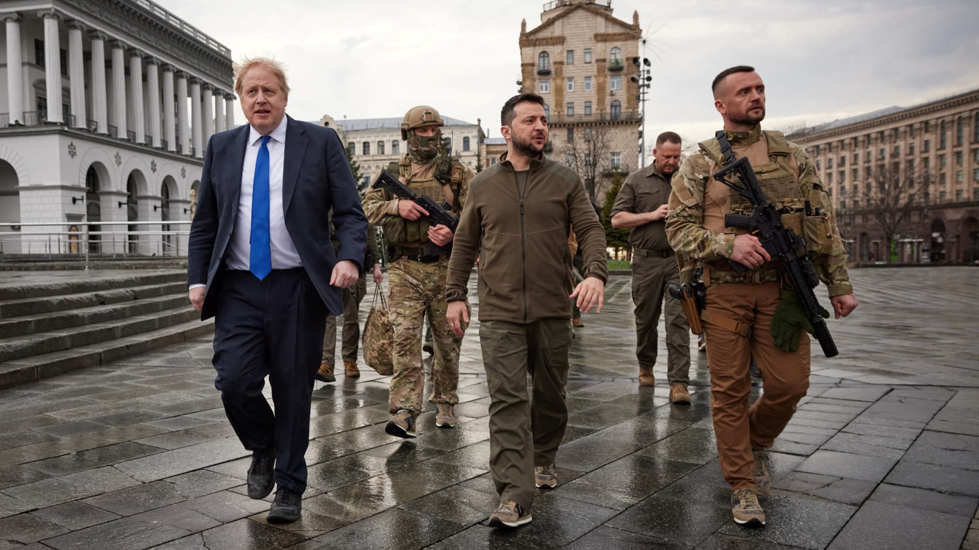 Ukraine's President Volodymyr Zelenskyy and British Prime Minister Boris Johnson at Independence Square after a meeting on April 9, 2022.