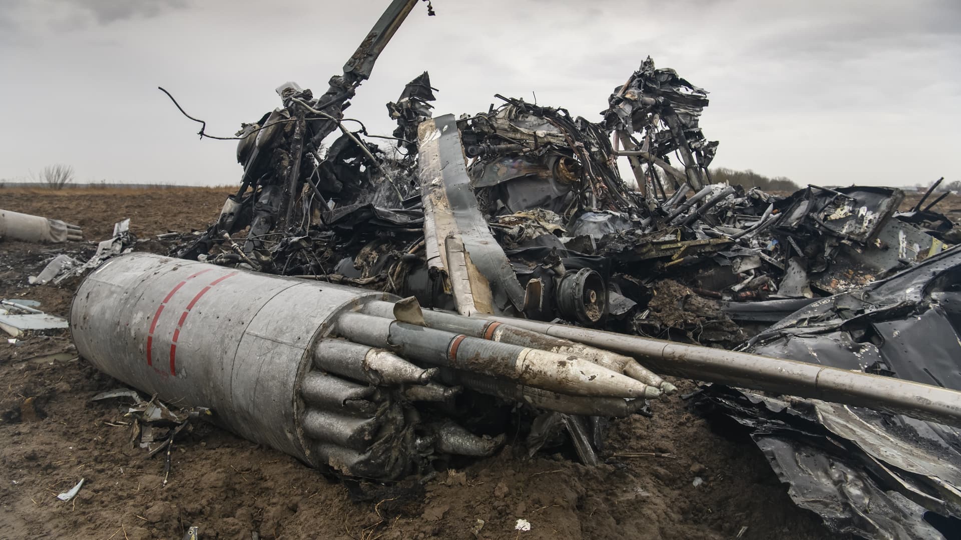 Fragments of a Russian military helicopter Mi-8 near Makariv, Kyiv area, Ukraine, Saturday, April 9, 2022.