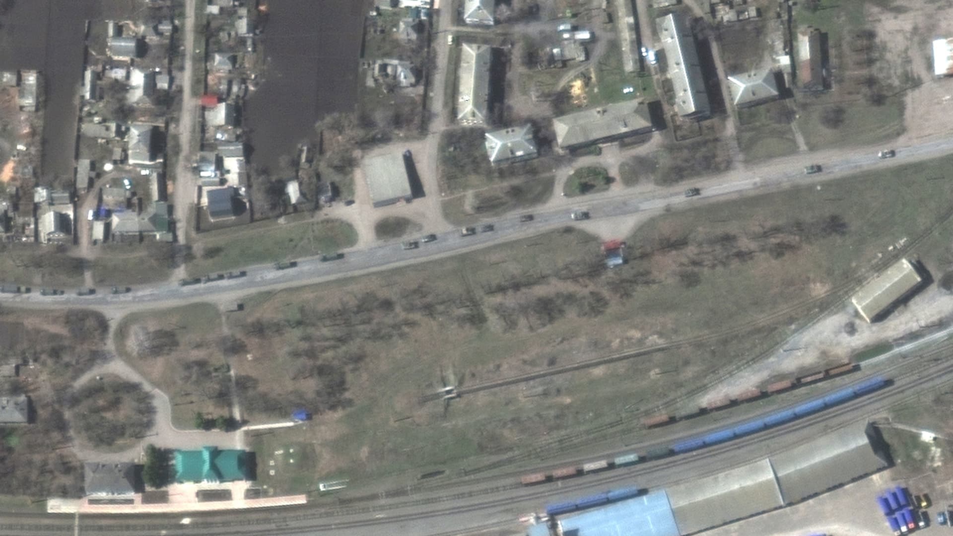 A satellite image shows armoured vehicles and trucks of a military convoy moving south through the Ukrainian town of Velykyi Burluk, Ukraine, April 8, 2022. 