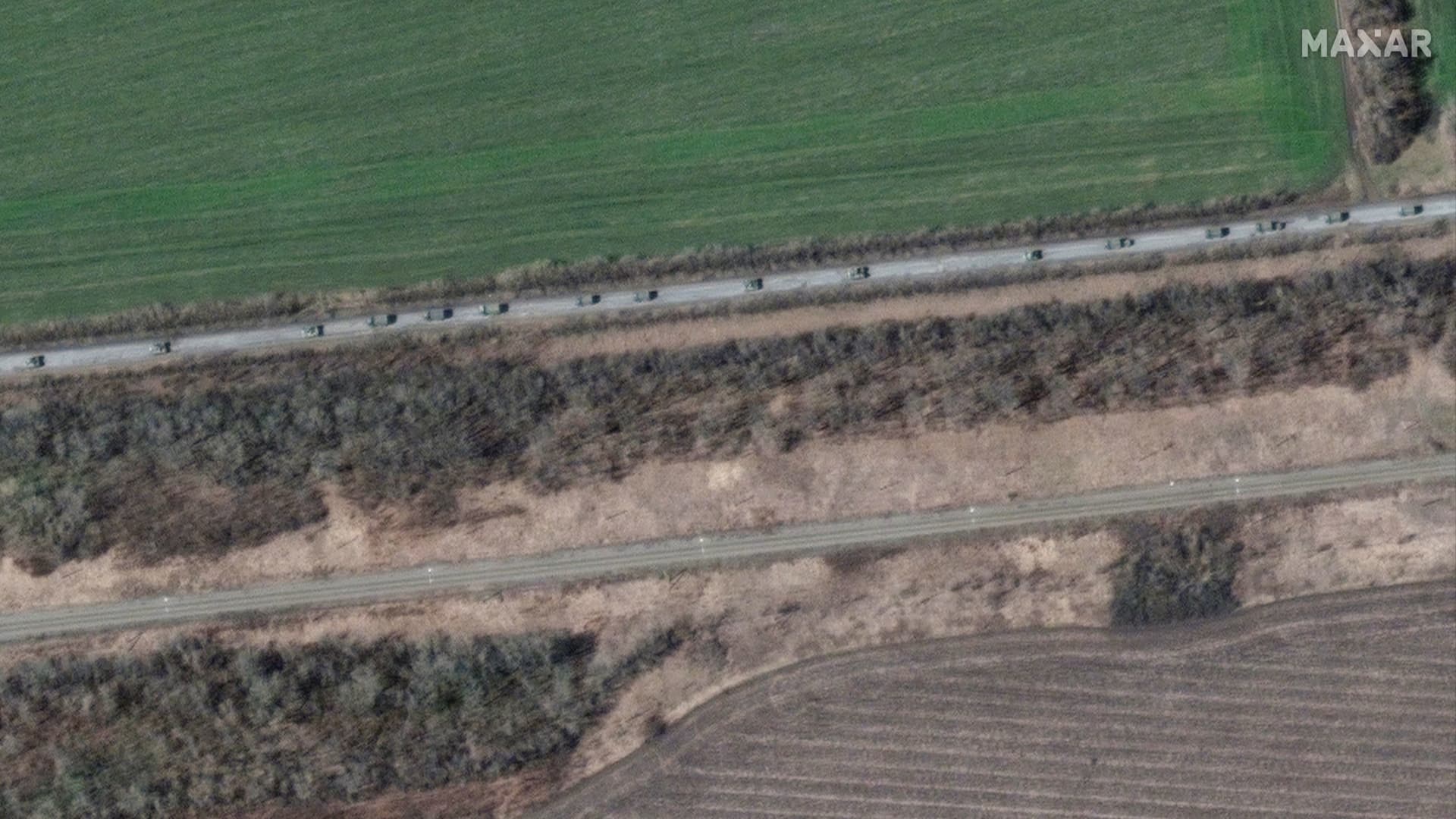 A satellite image shows armoured vehicles and trucks at the southern end of a military convoy moving south through the Ukrainian town of Velykyi Burluk, Ukraine, April 8, 2022. Picture taken April 8, 2022. 