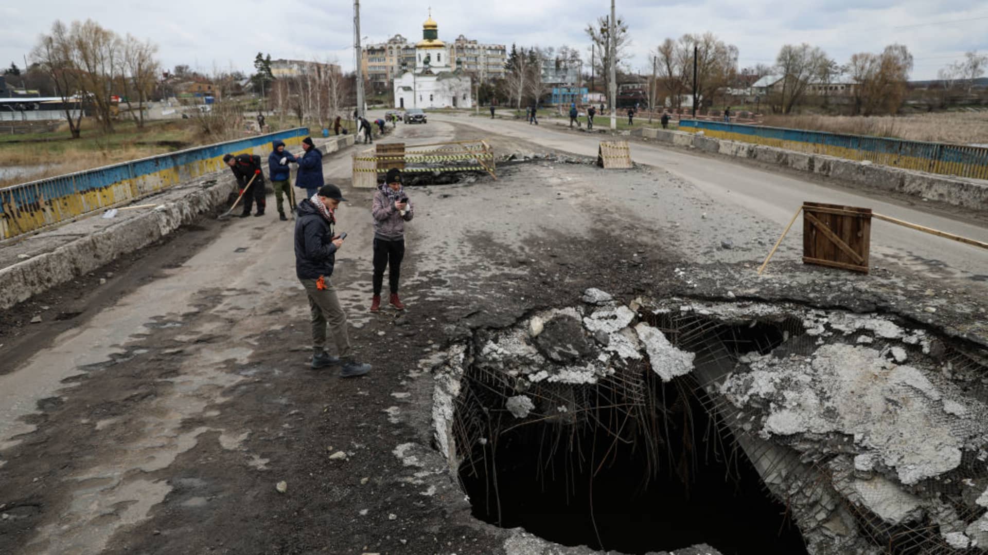A roadway damaged by Russian forces in the Makariv region near Kyiv on April 10, 2022.