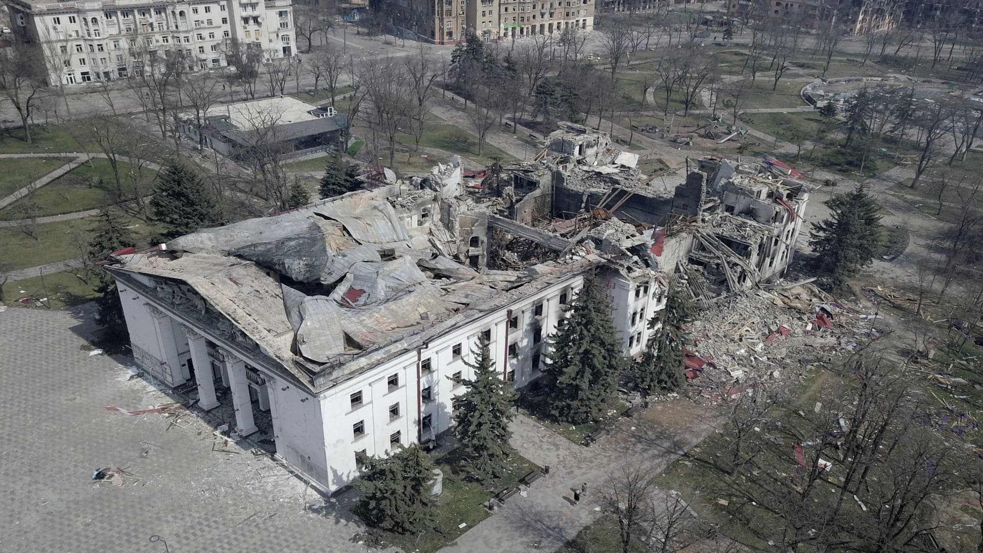 A view shows the building of a theatre destroyed in the course of Ukraine-Russia conflict in the southern port city of Mariupol, Ukraine April 10, 2022. Picture taken with a drone. 