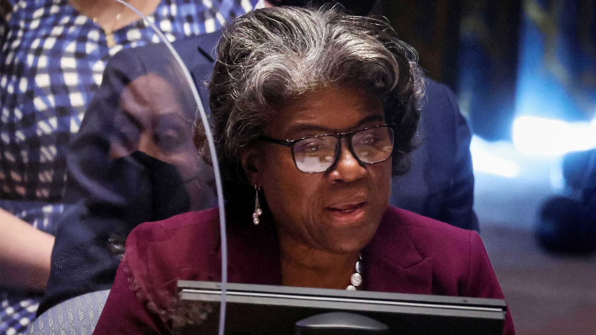 U.S. Ambassador to the United Nations Linda Thomas-Greenfield addresses the United Nations Security Council meeting on the situation amid Russia's invasion of Ukraine with a focus on women, at the United Nations Headquarters in Manhattan, New York City, New York, U.S., April 11, 2022.