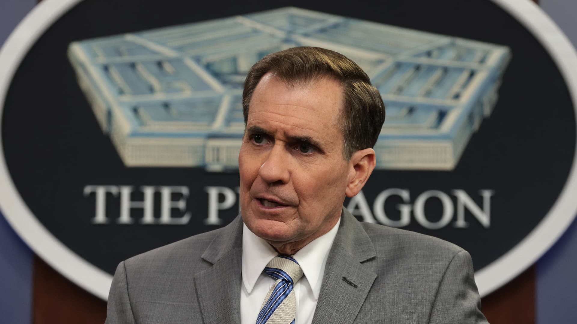 Pentagon Press Secretary John Kirby speaks during a news briefing at the Pentagon April 11, 2022 in Arlington, Virginia. Kirby spoke on various topics including Russia’s invasion of Ukraine. 