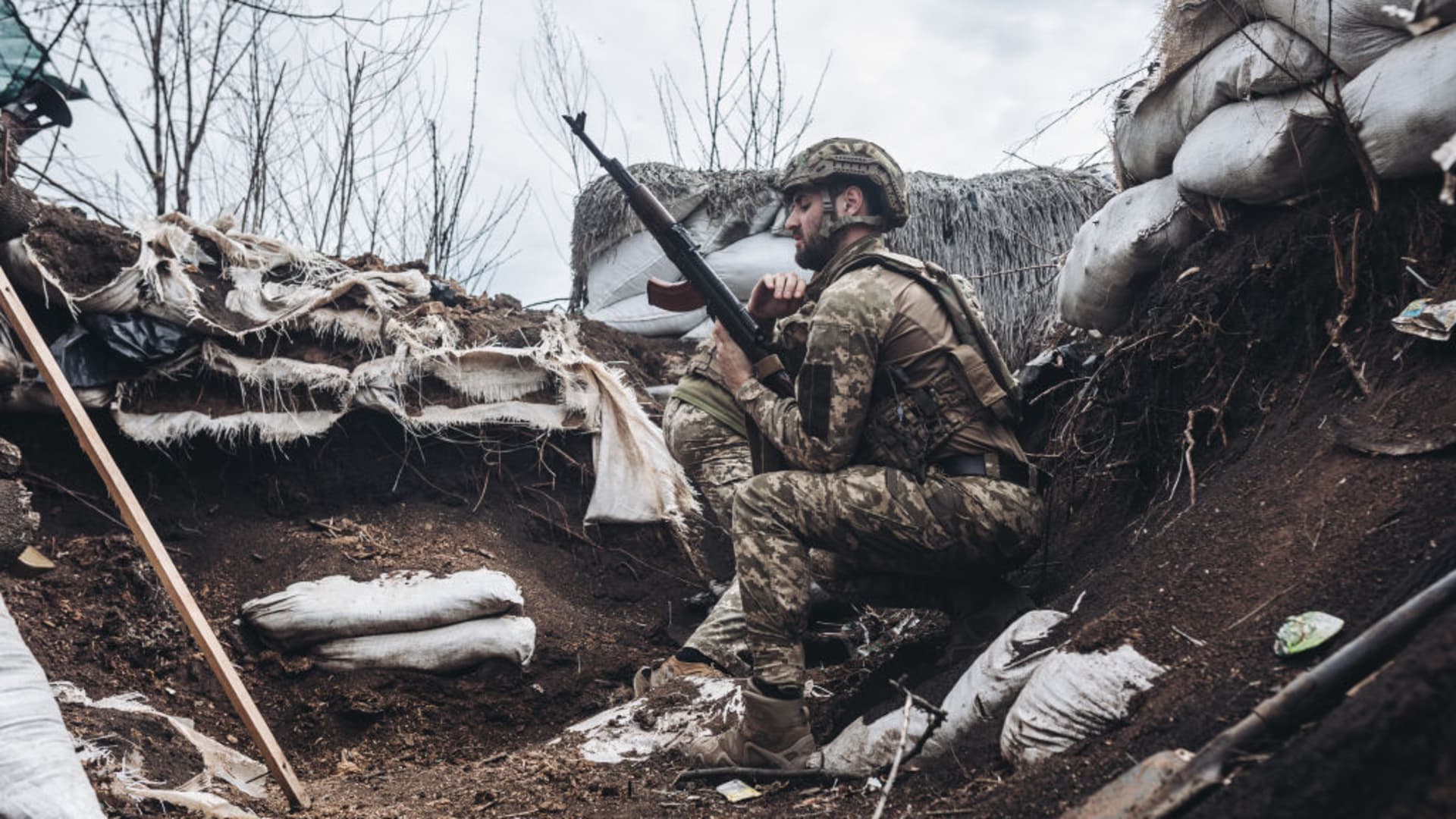 A Ukrainian soldier is seen at a Ukrainian frontline in Donbass, Ukraine on April 11, 2022. 