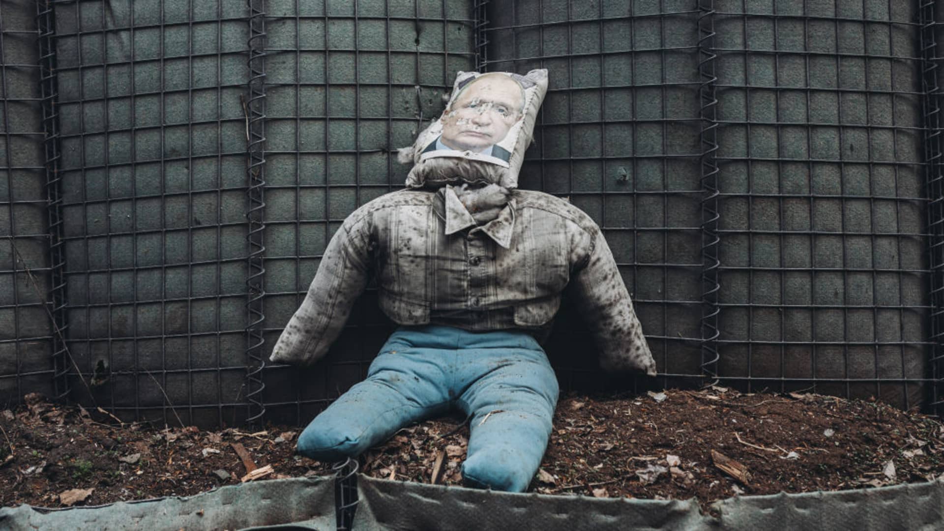 A dummy with Russian President Vladimir Putin's face on a Ukrainian frontline in Donbass, Ukraine on April 11, 2022.