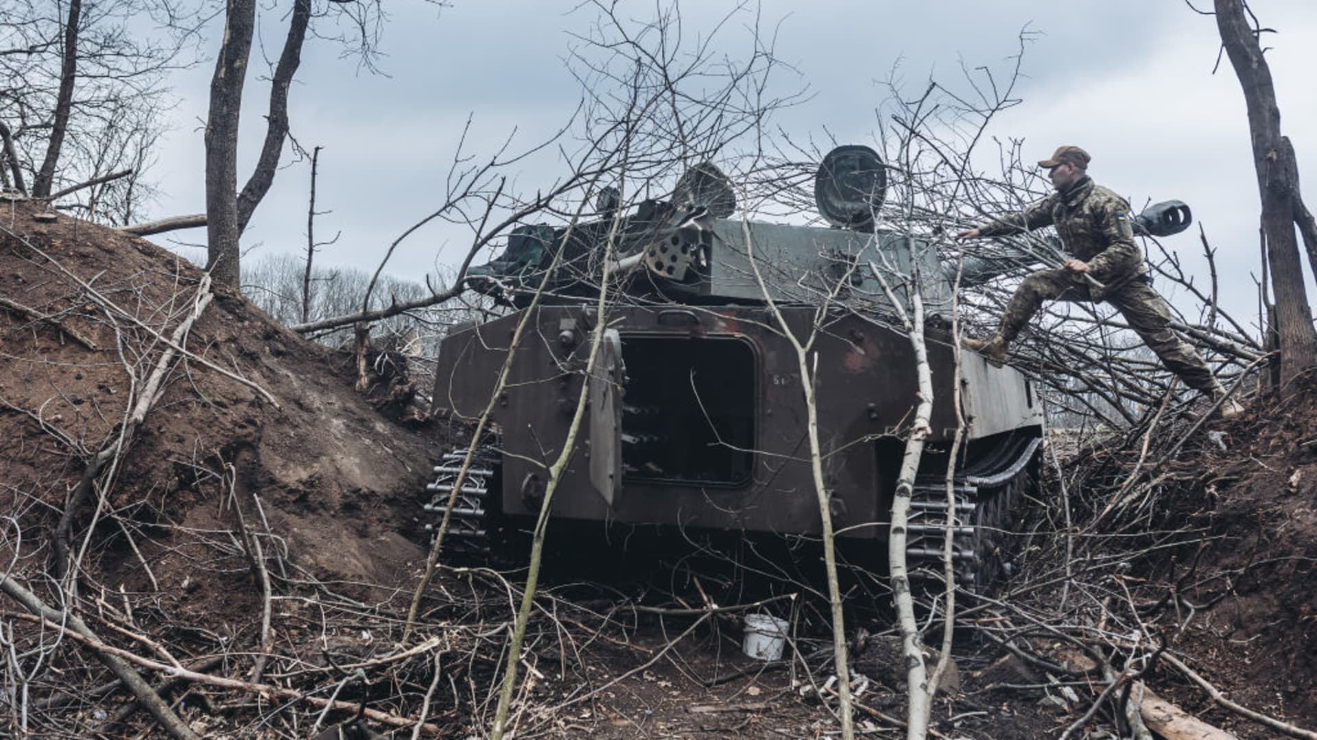 Ukrainian soldiers seen on a tank on the frontline in Donbas, Ukraine on April 12, 2022. Russia has begun the battle for Donbas, which they have been preparing for a long time, Ukrainian President Volodymyr Zelenskyy says.