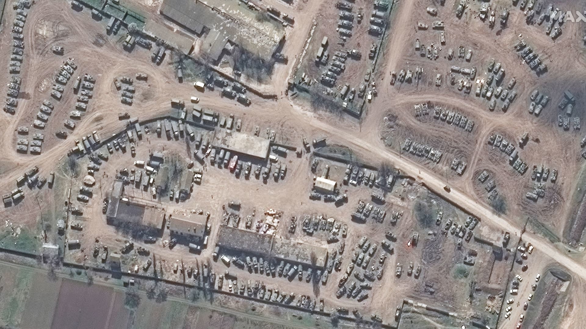 A satellite image shows a closer view of assortment of armored vehicle in Dzhankoy, April 6, 2022. 