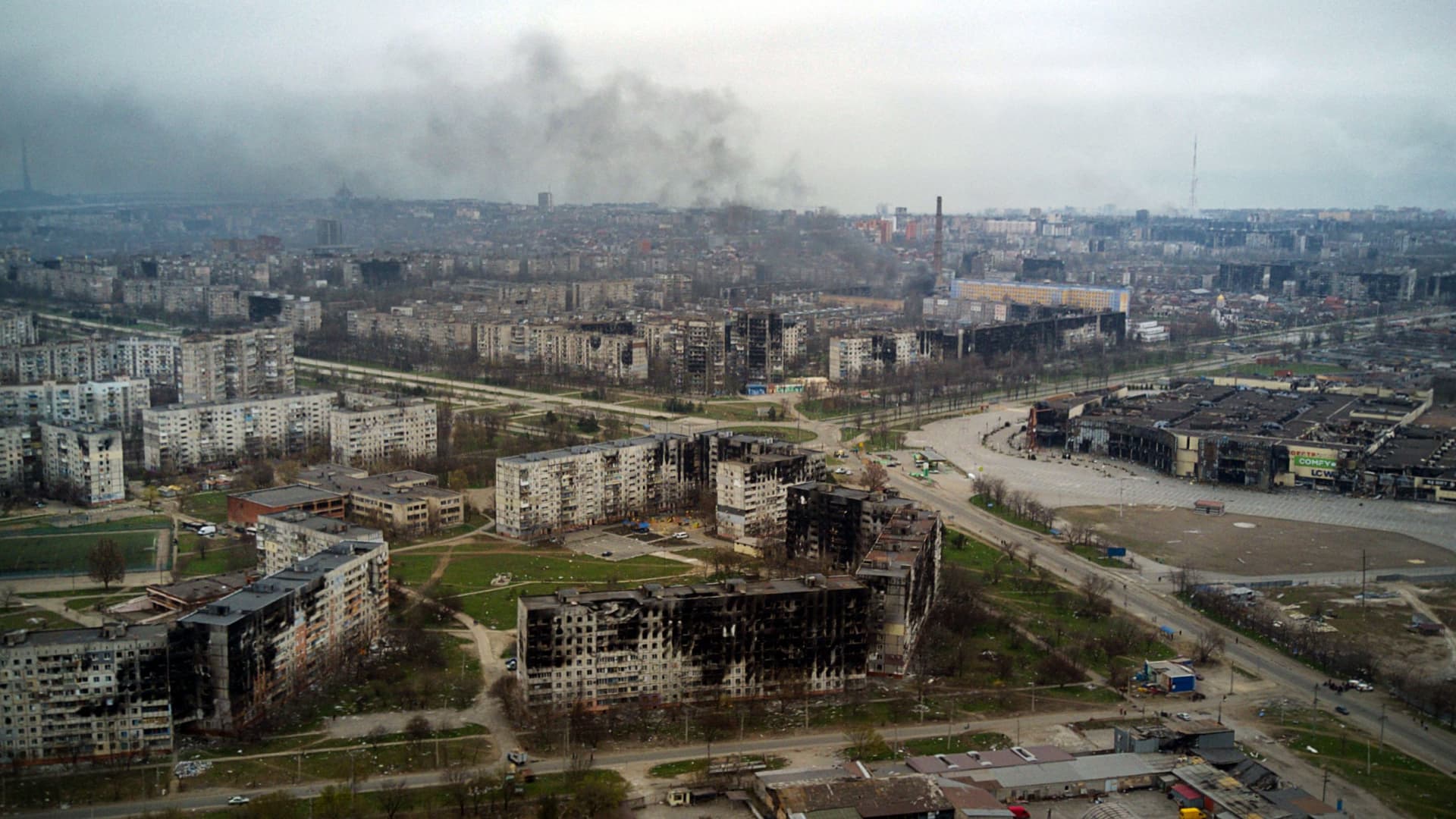 An aerial view taken on April 12, 2022, shows the city of Mariupol, during Russia's military invasion launched on Ukraine.