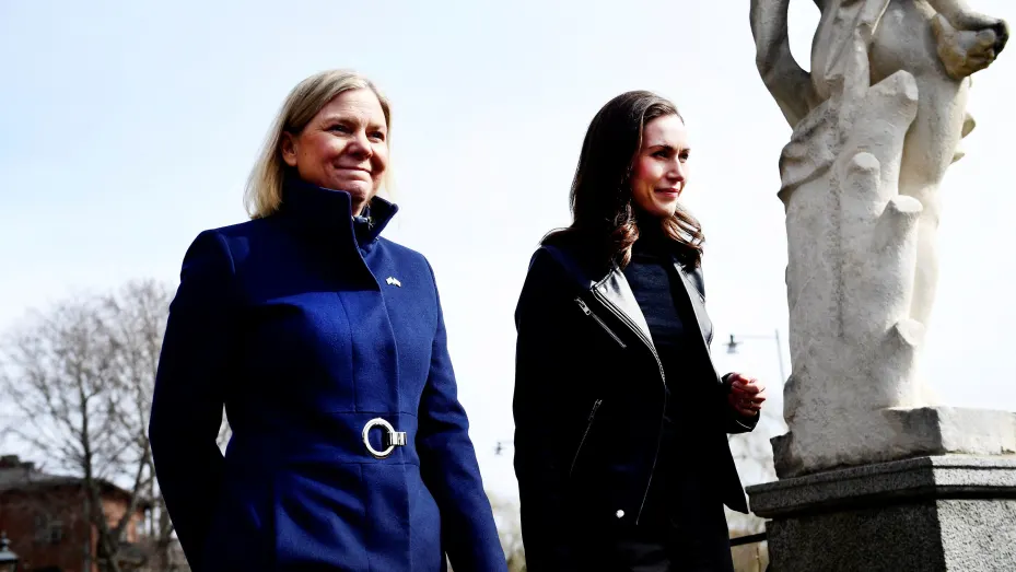 Sweden's Prime Minister Magdalena Andersson walks with Finland's Prime Minister Sanna Marin prior to a meeting, amid Russia's invasion of Ukraine, in Stockholm, Sweden, April 13, 2022. Paul Wennerholm/TT News Agency/via REUTERS      ATTENTION EDITORS - THIS IMAGE WAS PROVIDED BY A THIRD PARTY. SWEDEN OUT. NO COMMERCIAL OR EDITORIAL SALES IN SWEDEN.