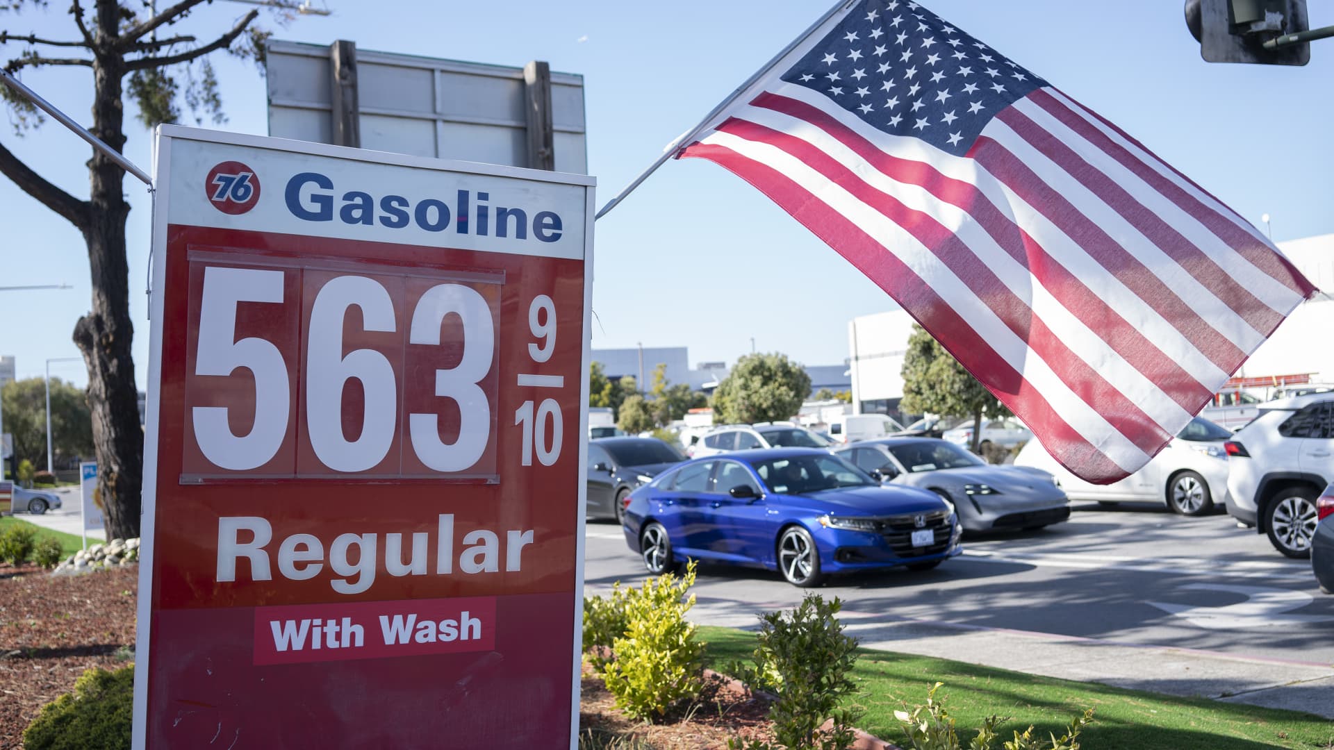 Gasoline prices are displayed at a gas station on April 12, 2022 in San Mateo County, California.
