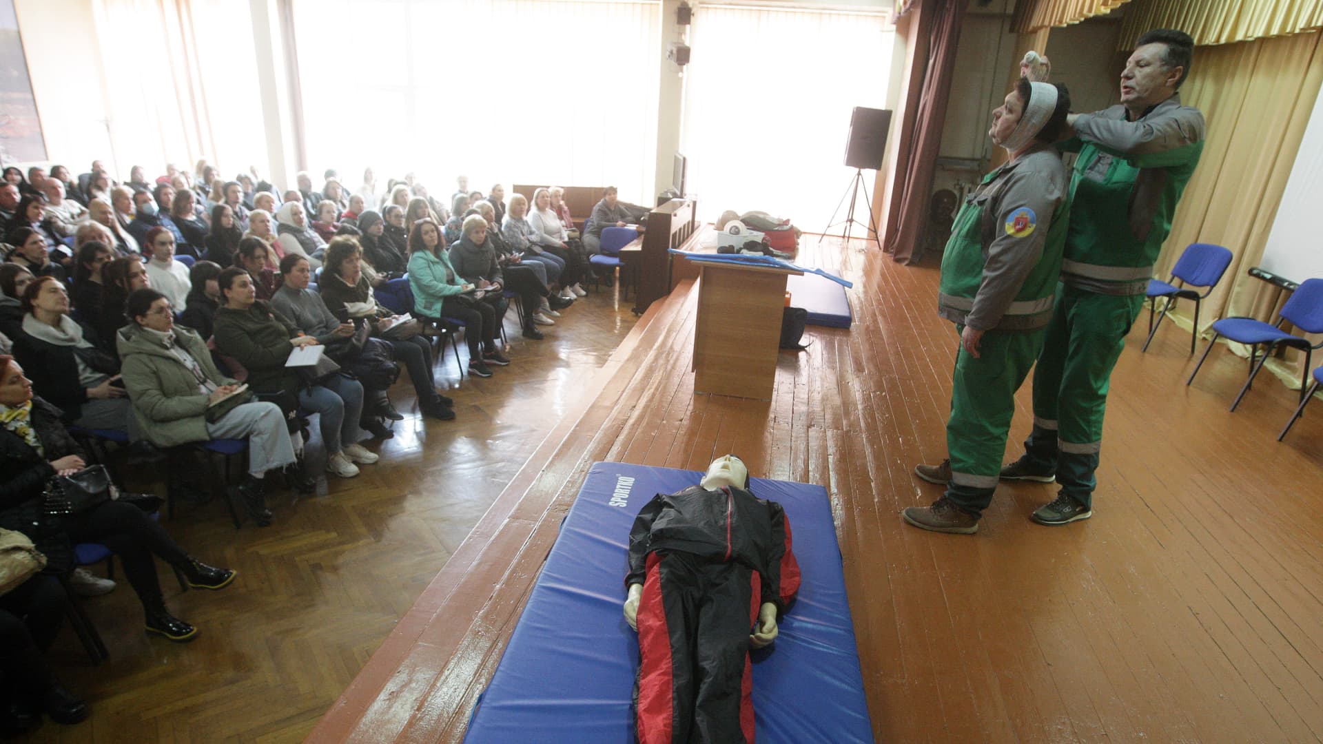 People attend a free lesson of the first aid care in Odessa, on April 13, 2022. 