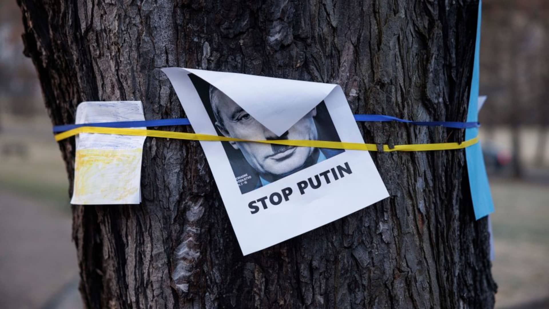 Messages of support for Ukraine outside the Russian Embassy in Prague, Czech Republic, on Monday, Feb. 28, 2022. The Czech Republic reopened its embassy in Ukraine's capital, Kyiv, nearly 2 months after its closure on 24 February following Russia's invasion of the country.