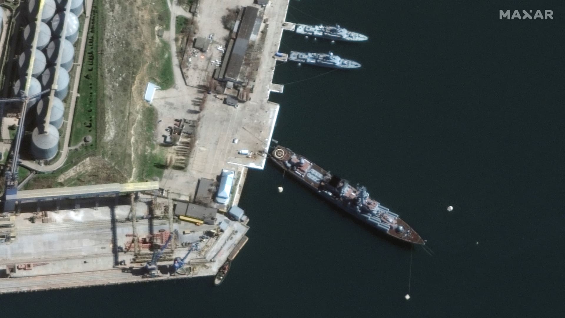 A satellite image shows a view of Russian Navy's guided missile cruiser Moskva at port, in Sevastopol, Crimea, April 7, 2022. Picture taken April 7, 2022. 