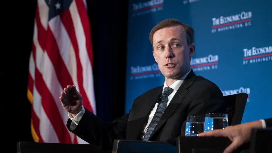 Jake Sullivan, White House national security adviser, speaks during an interview at an Economic Club of Washington event in Washington, D.C., U.S., on Thursday, April 14, 2022. Efforts to supply arms to Ukraine as Russian forces regroup in the east include "looking at systems that would require some training" for Ukrainian troops outside the country Sullivan told CBS on Sunday. Photographer: Al Drago/Bloomberg via Getty Images
