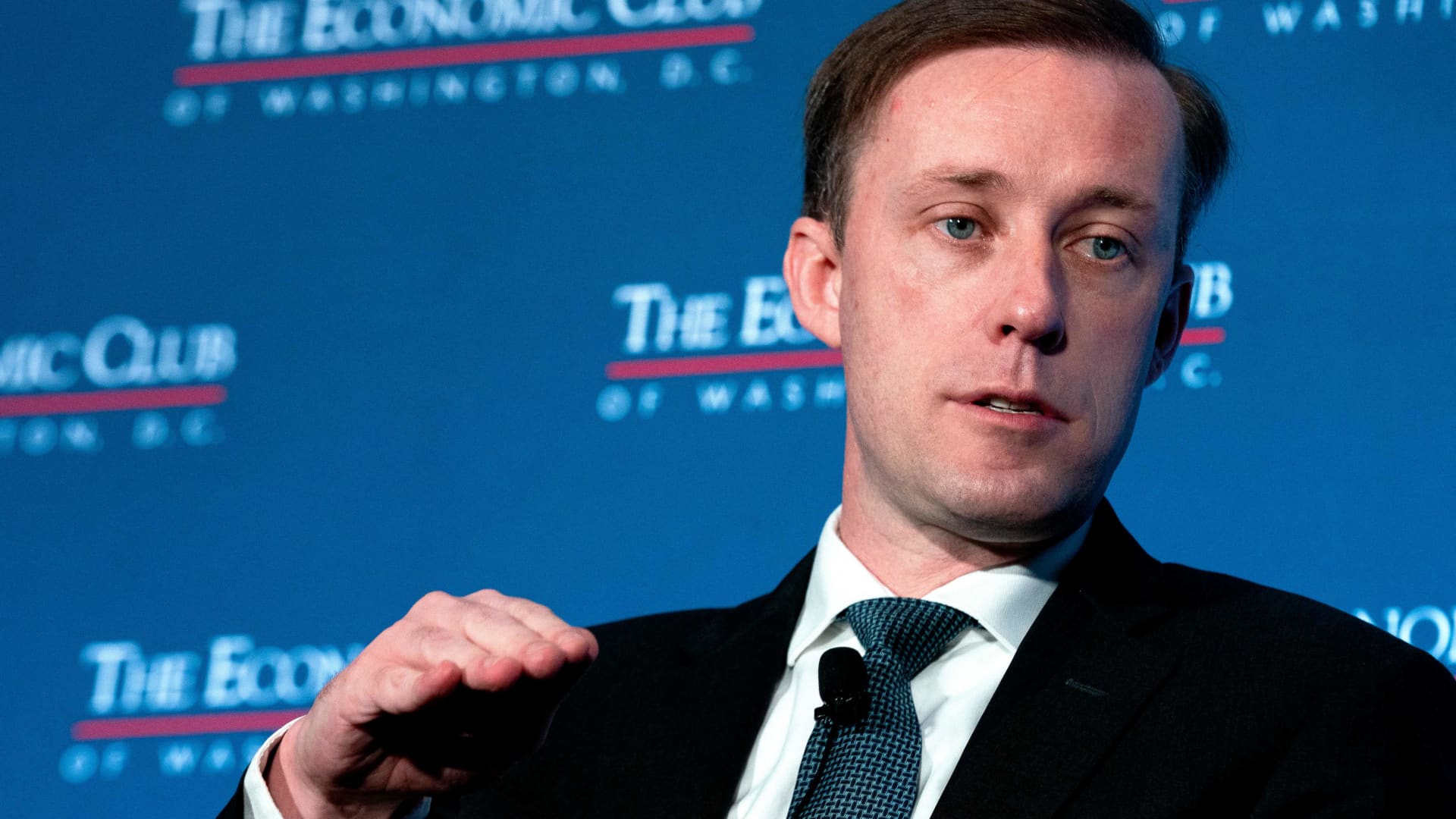 National Security Advisor Jake Sullivan participates in a conversation with David Rubenstein, Chairman of the Economic Club, at the JW Marriott Hotel in Washington, DC, on April 14, 2022.