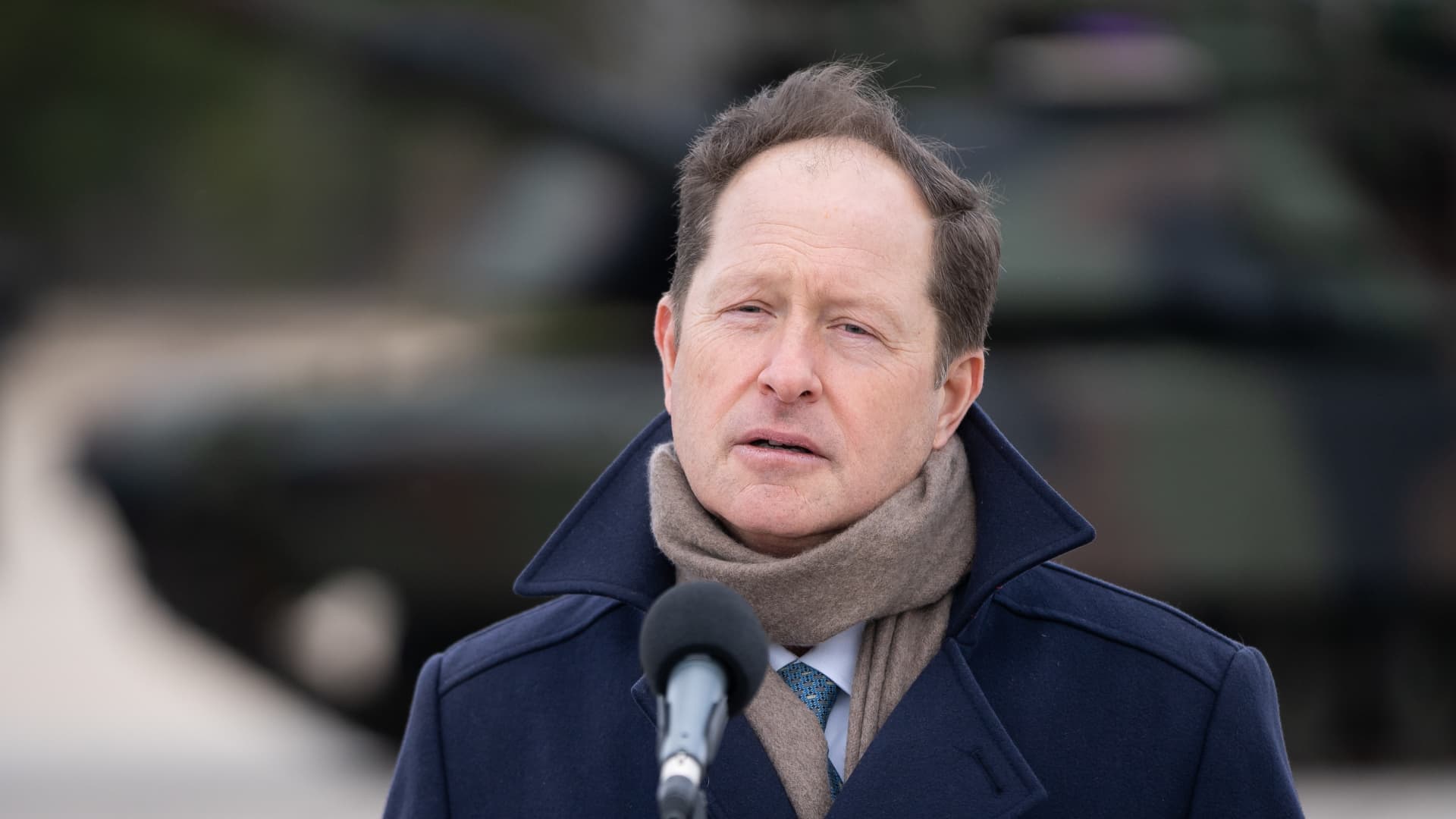 US Ambassador to Poland Mark Brzezinski during the ceremony of signing the contract for the purchase of 250 Abrams tanks for the Polish Army in the 1st Warsaw Armored Brigade in Wesola near Warsaw, Poland on April 5,2022 (Photo by Mateusz Wlodarczyk/NurPhoto via Getty Images)