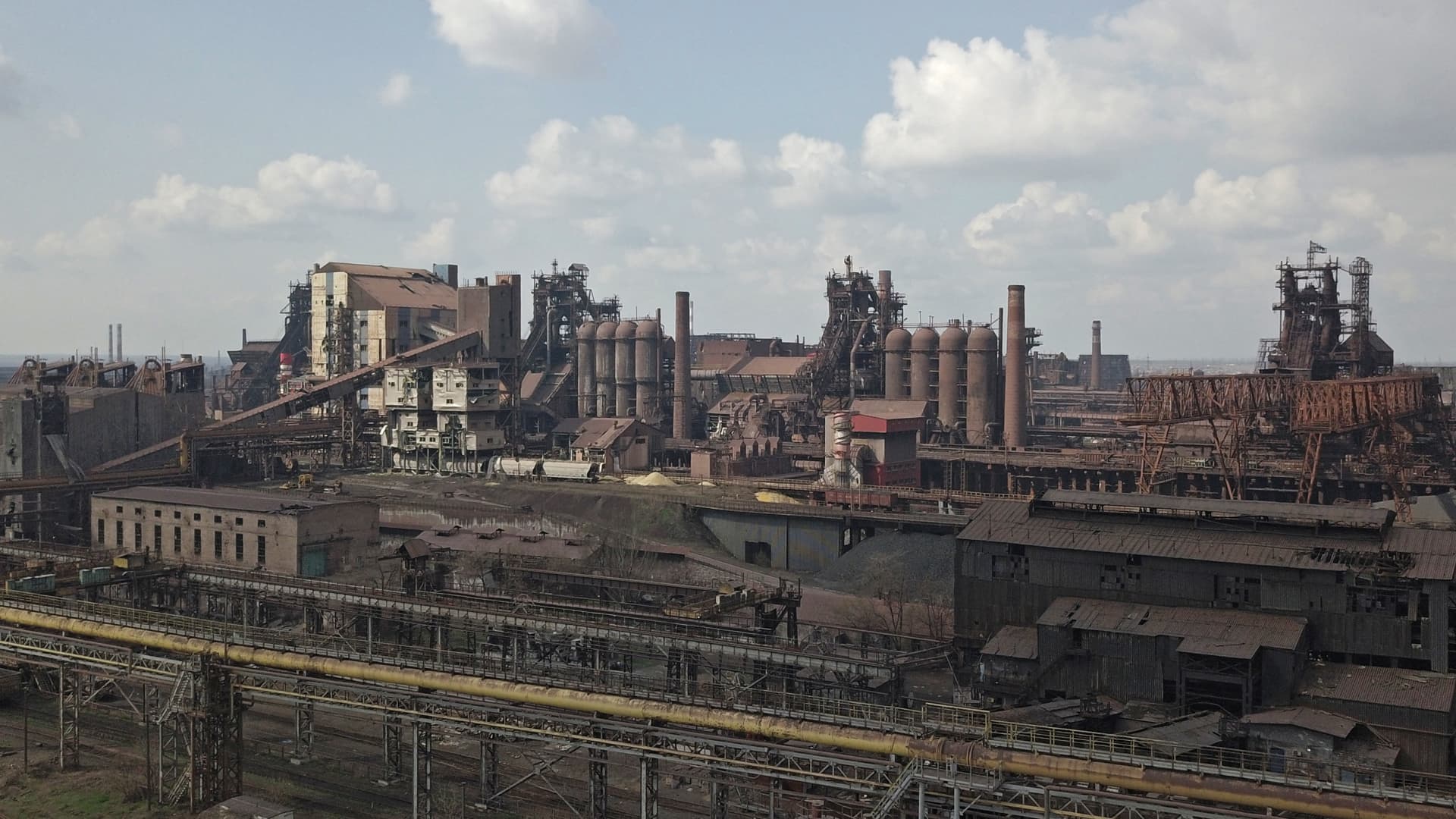 A drone view shows the Illich Steel and Iron Works during Ukraine-Russia conflict in the southern port city of Mariupol, Ukraine April 15, 2022. 