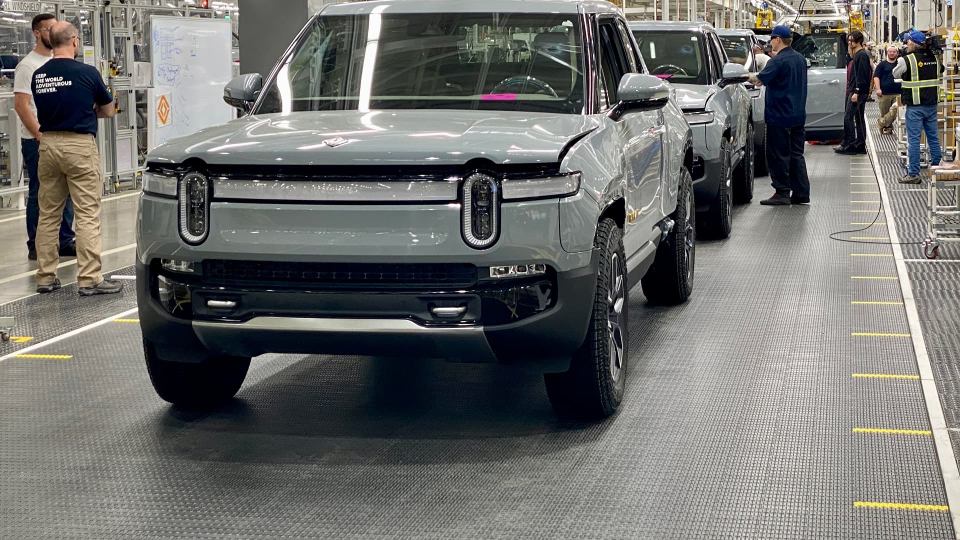 Production of electric Rivian R1T pickup trucks on April 11, 2022 at the company's plant in Normal, Ill.