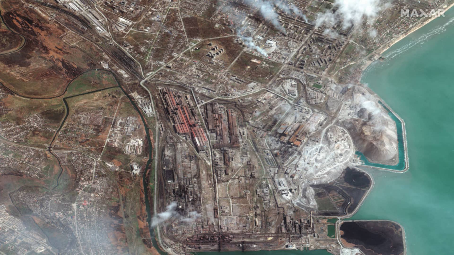 Maxar satellite imagery gives an overview of the Azovstal Iron and Steel Works in eastern Mariupol where Ukrainian fighters are believed to be holding out against a Russian takeover of the southern port city.