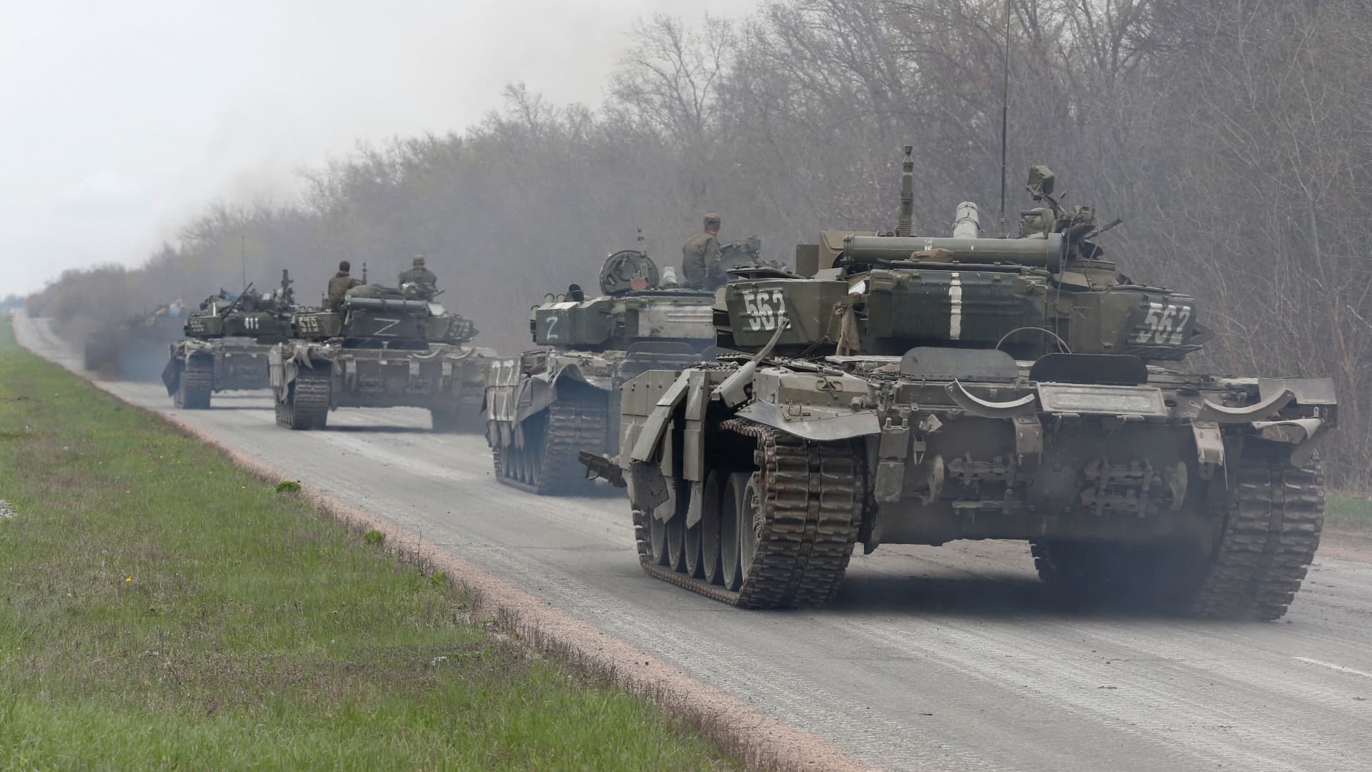 Tanks of pro-Russian troops drive along a road during Ukraine-Russia conflict in Ukraine April 17, 2022.