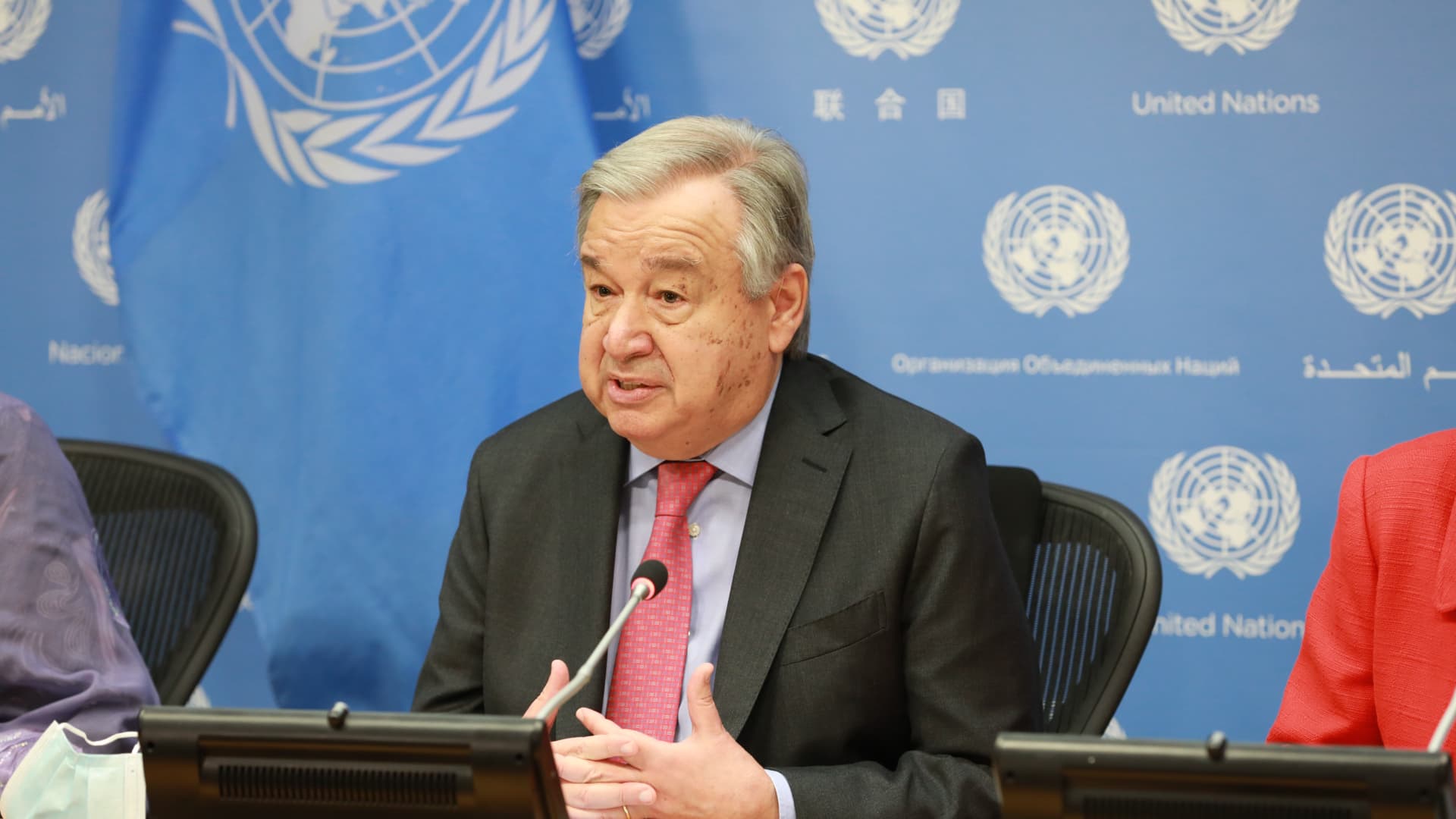 U.N. Secretary-General Antonio Guterres speaks to the media at the U.N. headquarters in New York, April 13, 2022. Guterres on Monday called for an immediate humanitarian ceasefire between Russia and Ukraine to secure humanitarian corridors for evacuation and delivering of aid and medical assistance.