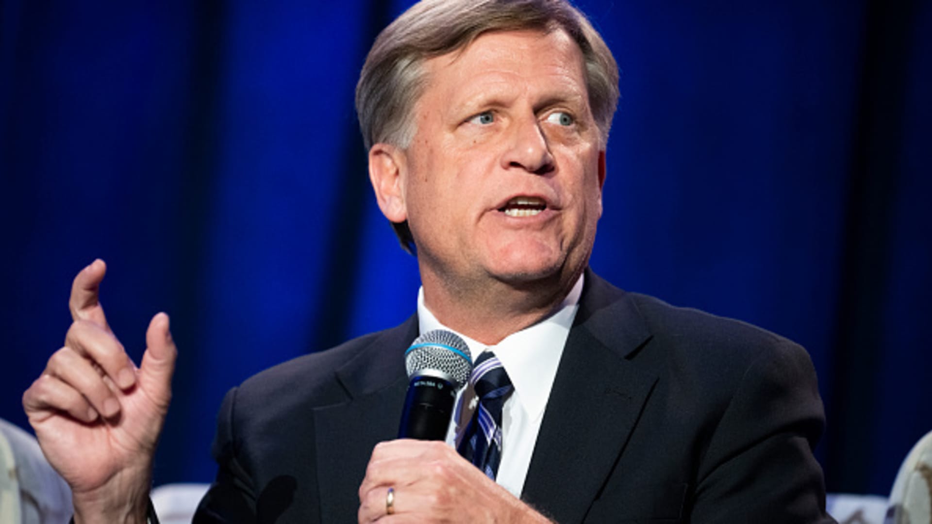 Michael McFaul, former U.S. ambassador to Russia, participate in a discussion with Alejandro Mayorkas, secretary of the Department of Homeland Security, which included the Russian invasion of Ukraine, at the House Democratic Caucus Issues Conference in Philadelphia, Pa., on Thursday, March 10, 2022.