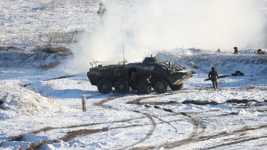 Russian and Belarusian armed forces conduct joint military drills on Feb. 12, 2022.