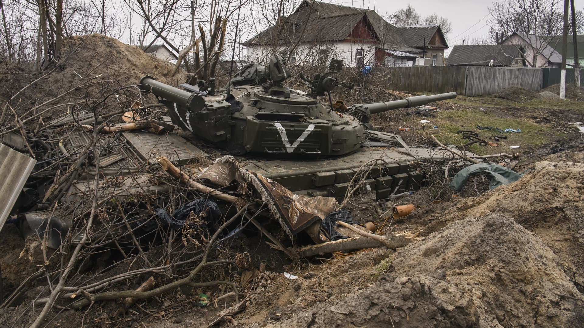 Another Russian army tank recaptured by the Ukrainian army Borodyanka city near Kyiv, Ukraine, in early April.