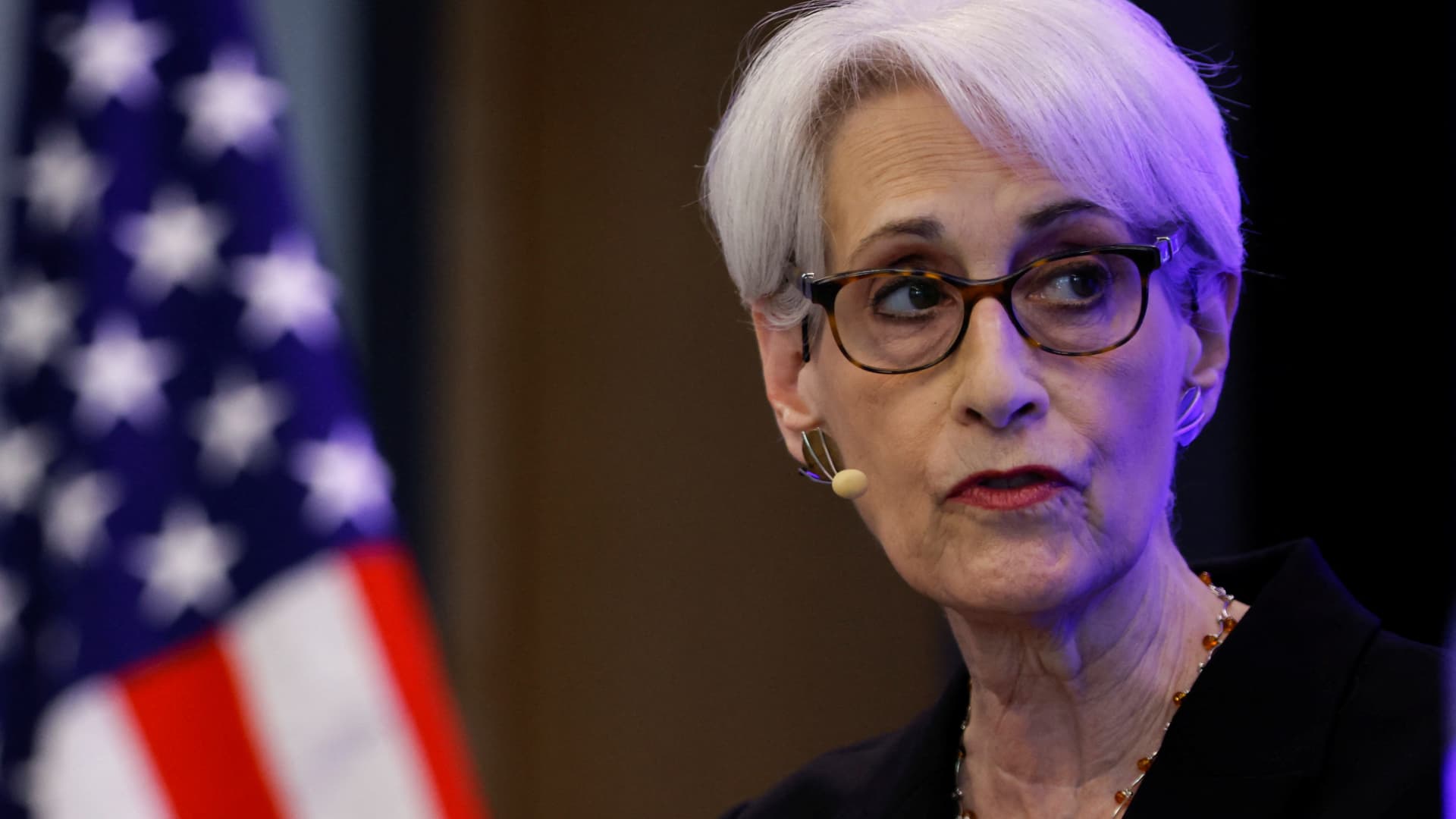 U.S. Deputy Secretary of State Wendy Sherman speaks during a panel with the Friends of Europe in Brussels, Belgium, April 21, 2022.