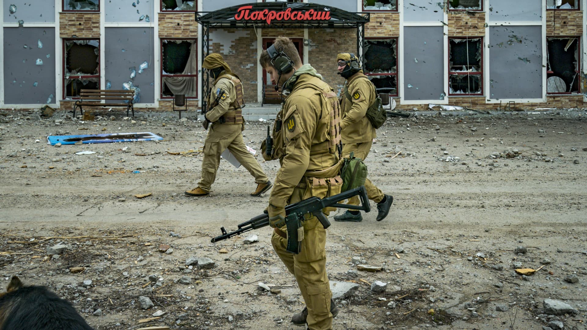 Ukrainian soldiers patrol in the frontline of Mykolaiv surrounded of the destruction after the Russian shelling over a village in Ukraine. Ukrainian President Volodymyr Zelenskyy said in his nightly video address that Russia has rejected an Easter truce proposal.
