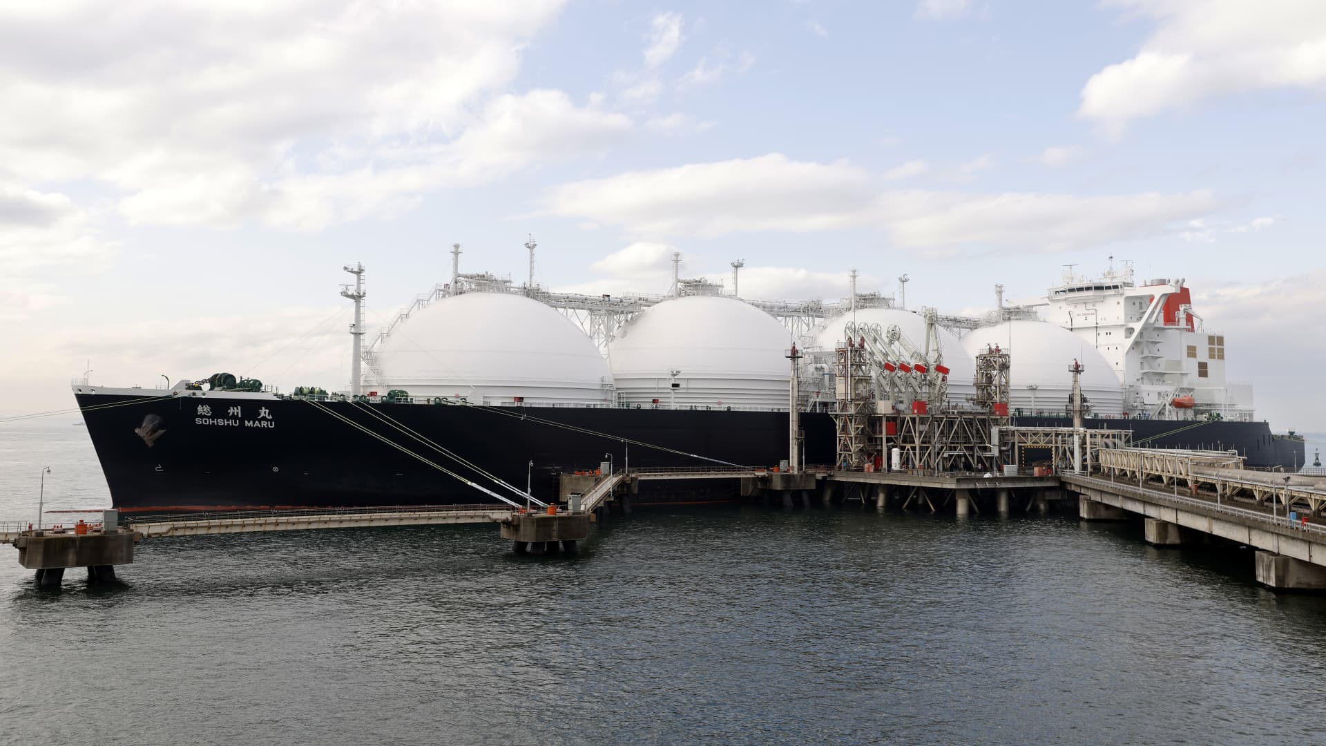 The liquefied natural gas tanker Sohshu Maru berthed in Japan on Dec. 17, 2021. Japan's industry minister said an exit of Japan from the Sakhalin energy projects in Russia could reduce the impact of Western sanctions and benefit Russia, according to Reuters.